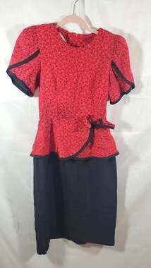 Vintage Peri Petites Red and Black Polka Dot Peplum Dress with Bow Detail